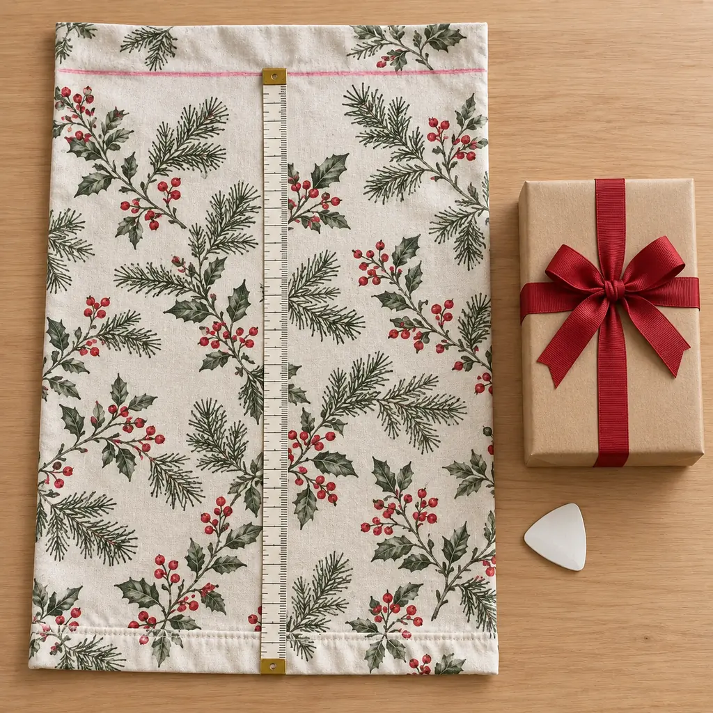 Christmas-print pillowcase measured from its factory-closed bottom seam to a straight chalk cut line