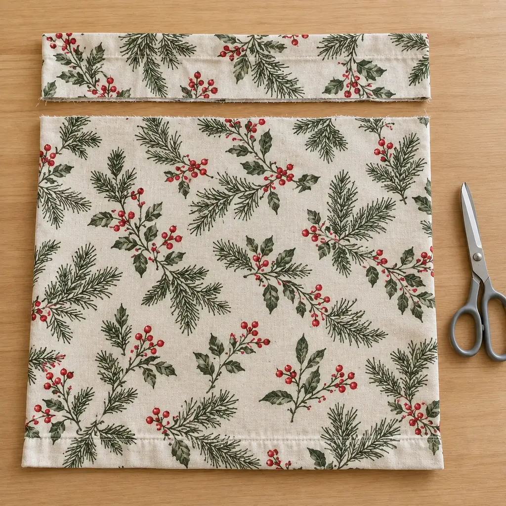 Christmas-print pillowcase separated into one main bag piece and one open-end offcut after a straight cut