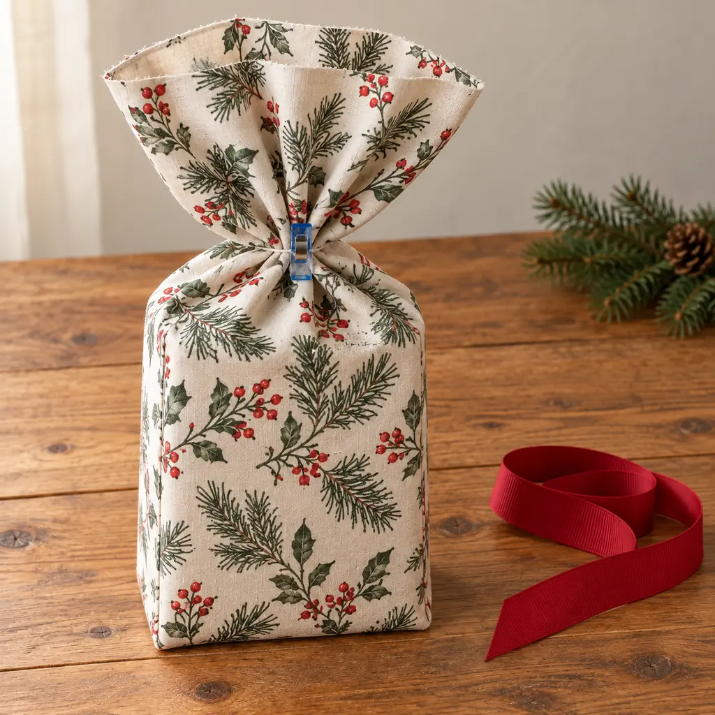 Unhemmed pillowcase gift bag gathered temporarily above a box with a sewing clip