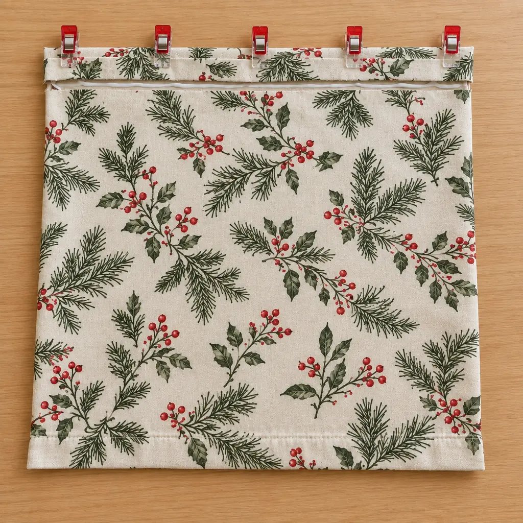 Christmas-print pillowcase top folded twice with fabric glue and five sewing clips