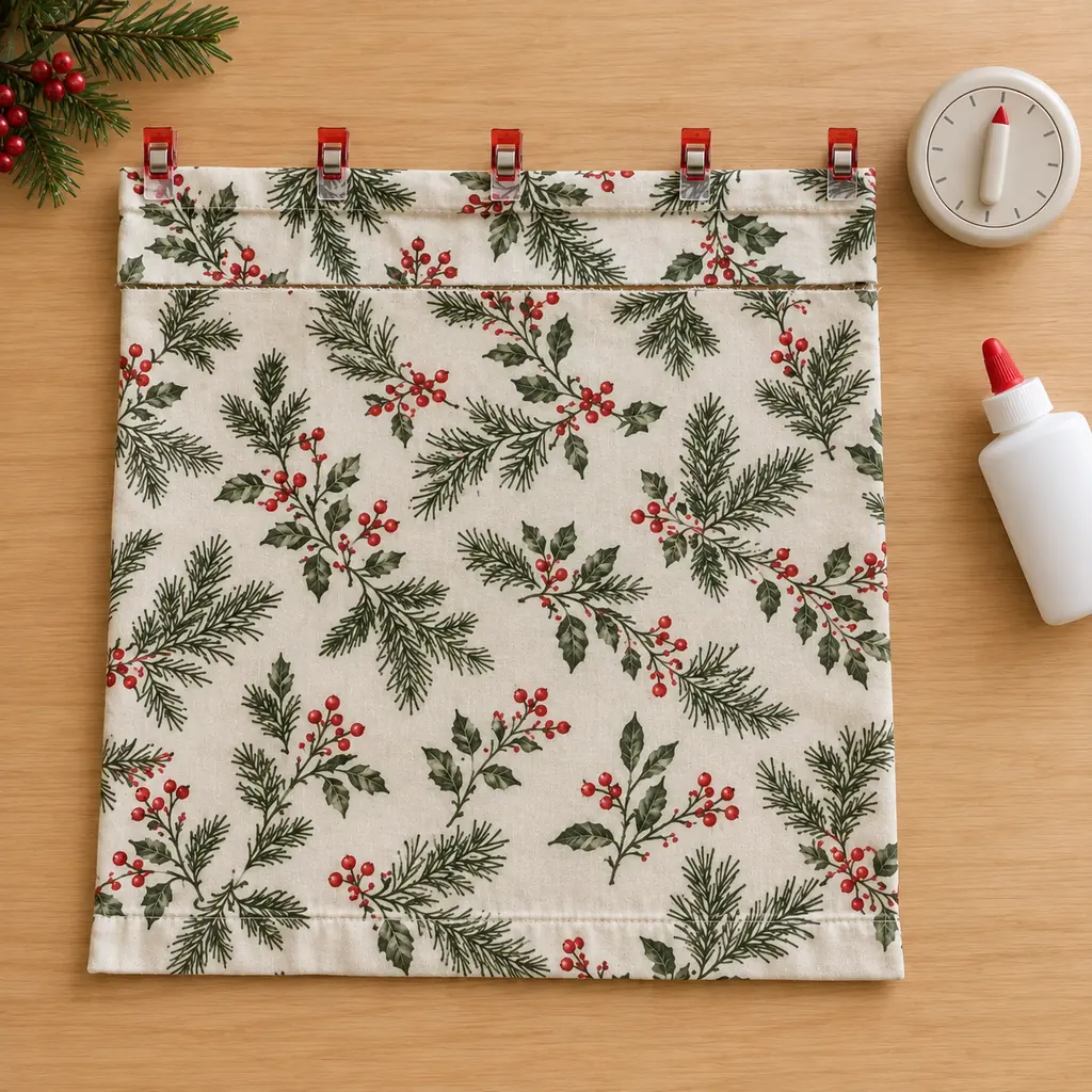 Christmas-print fabric gift bag lying flat with its glued hem clipped beside a timer