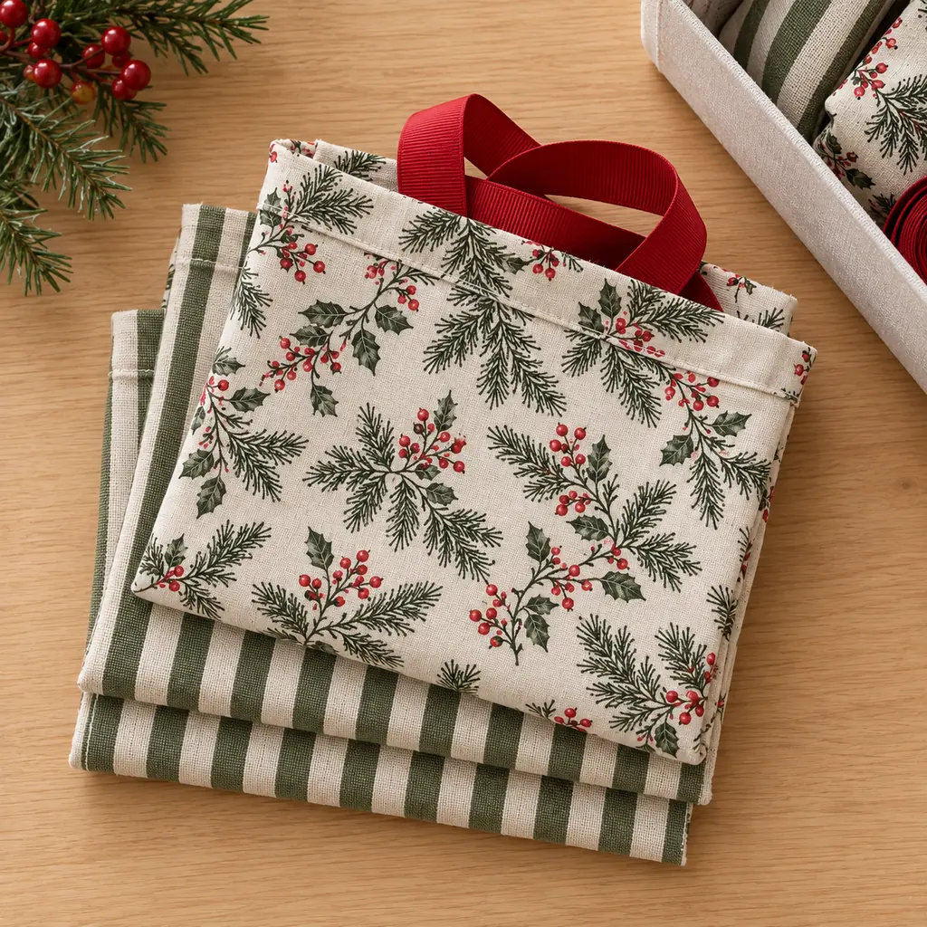 Finished reusable fabric gift bags folded flat with removable ribbon in a storage bin