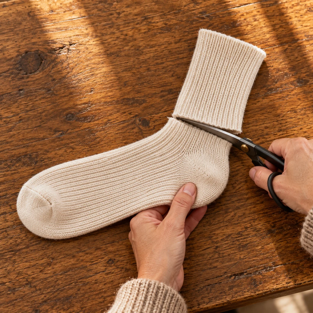 Adult hands cutting an ivory ribbed crew sock one inch above the heel