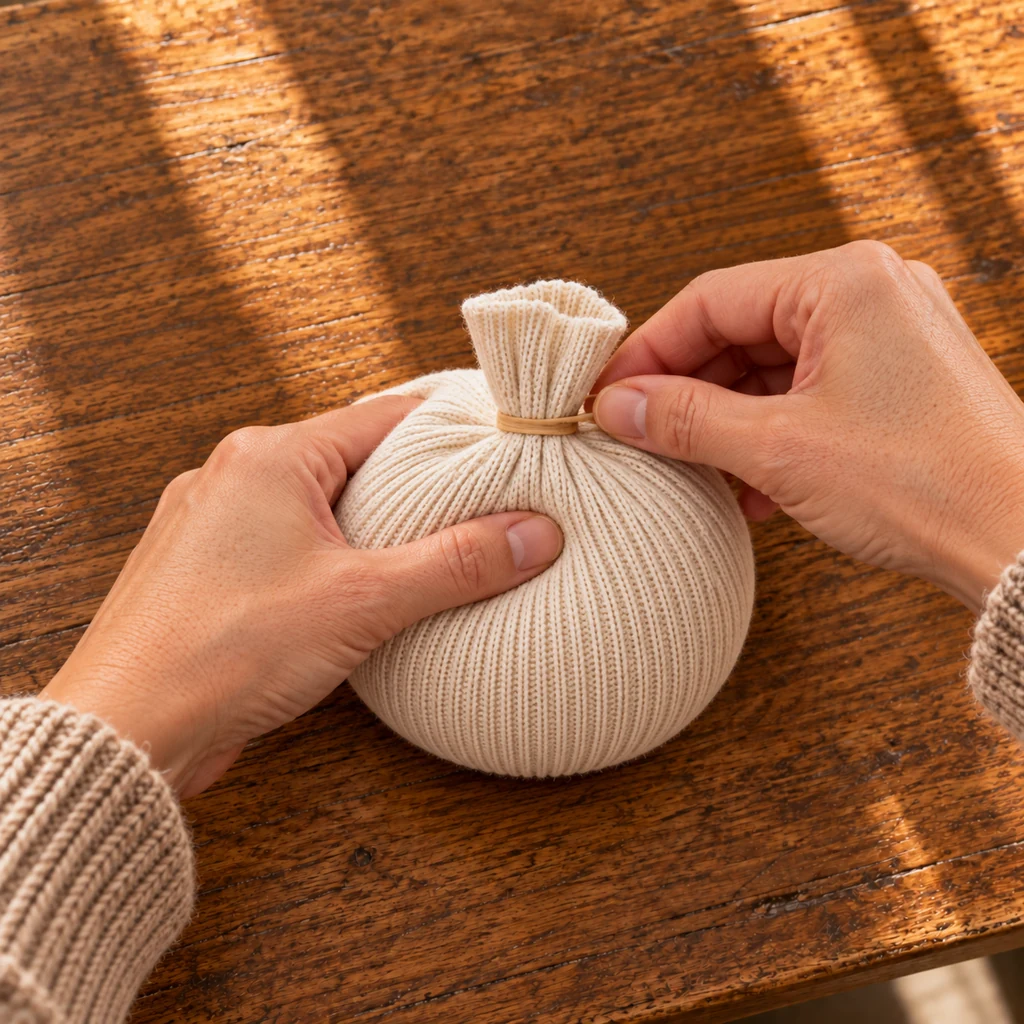 Ivory ribbed sock filled into a round mound and secured at the gathered top with an elastic