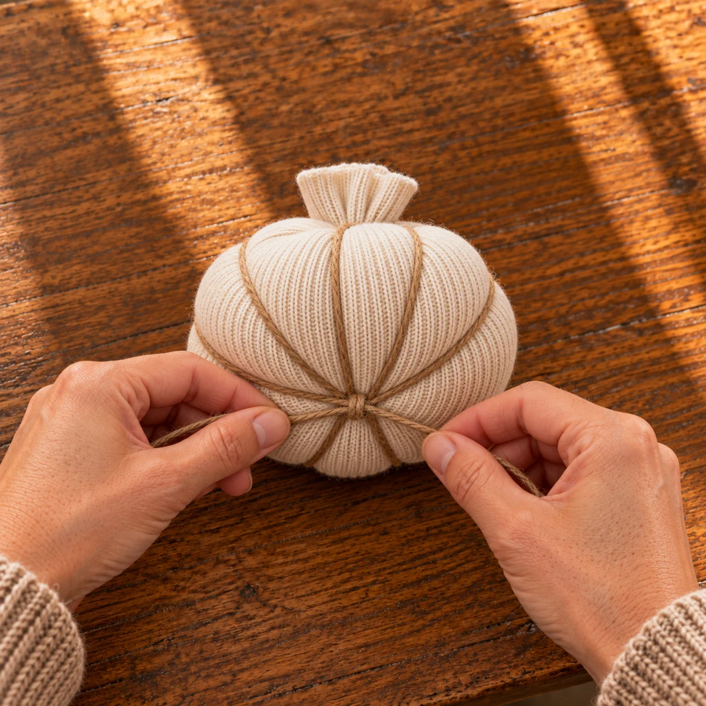 Continuous jute twine wrapped around an ivory stuffed sock to create eight pumpkin ribs