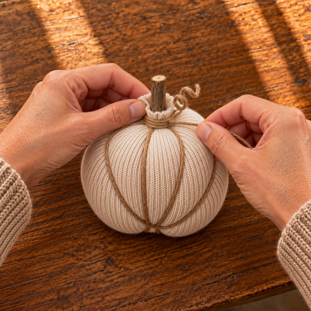Twig stem being secured inside the gathered top of an ivory no-sew sock pumpkin