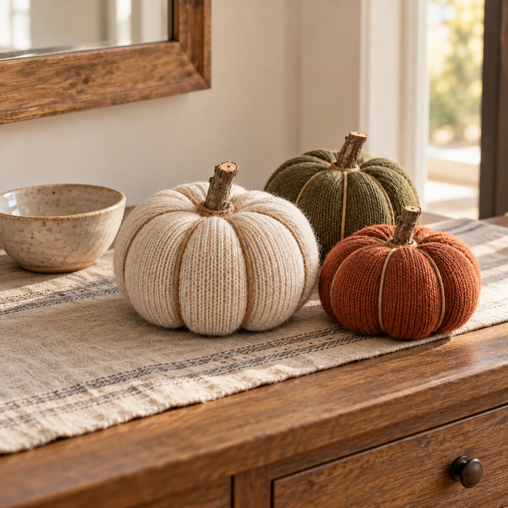 Ivory, rust, and moss-olive no-sew sock pumpkins arranged on a neutral table runner