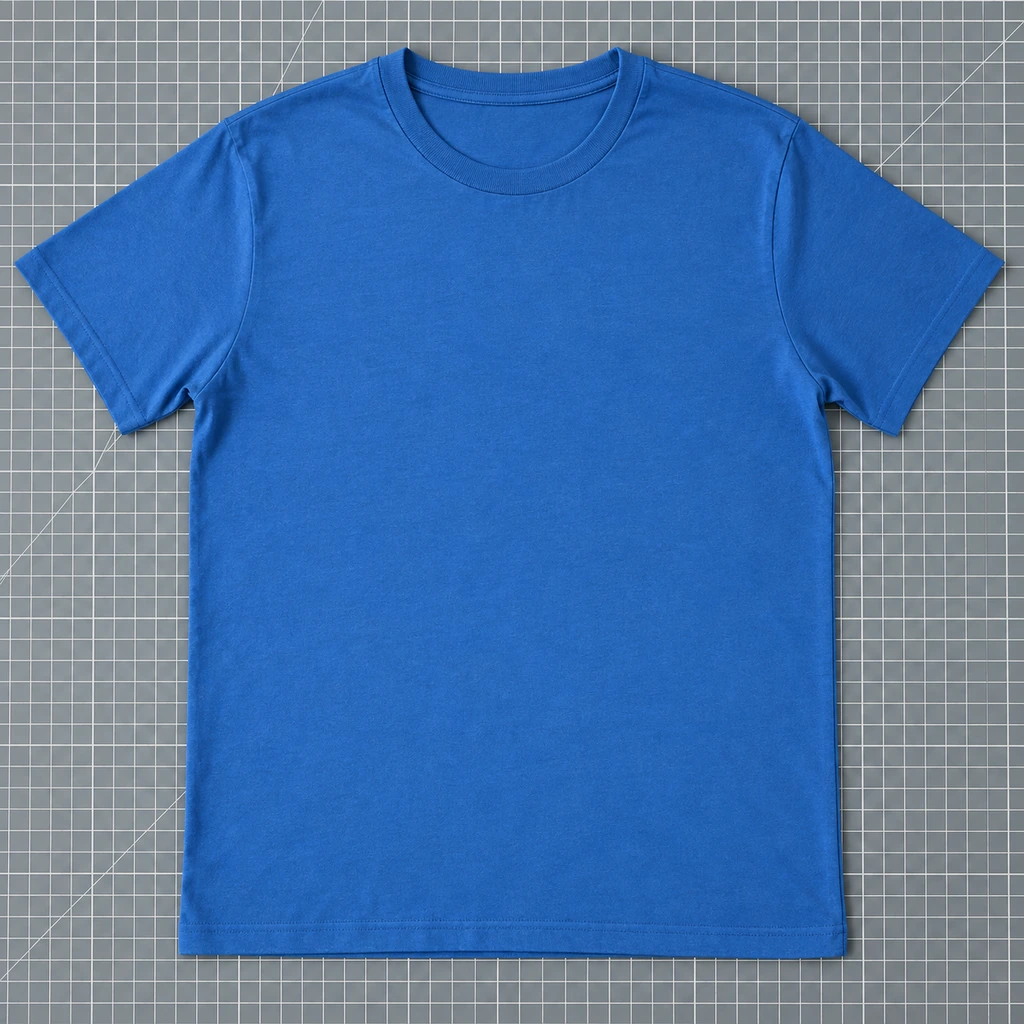 Clean blue cotton T-shirt laid completely flat and smoothed on a cutting mat
