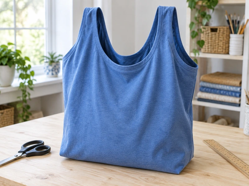 Finished blue no-sew T-shirt tote standing on a craft table beside fabric scissors and a ruler