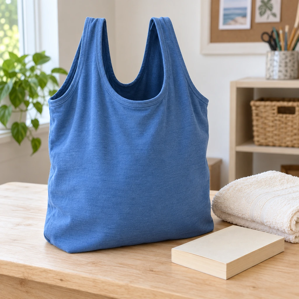 Finished blue no-sew T-shirt tote bag upright with smooth handles and a secure hidden knotted base
