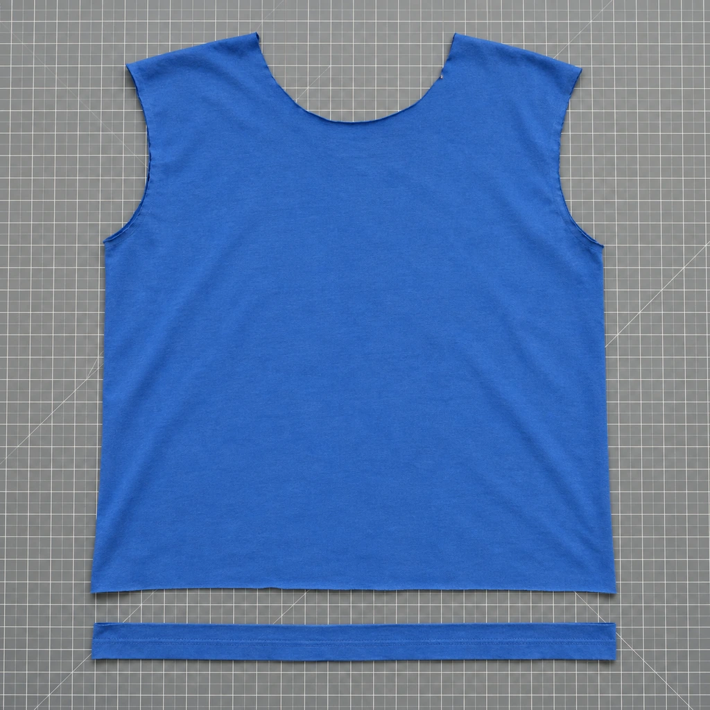 Bottom stitched hem being trimmed straight from a blue cotton T-shirt on a gridded cutting mat