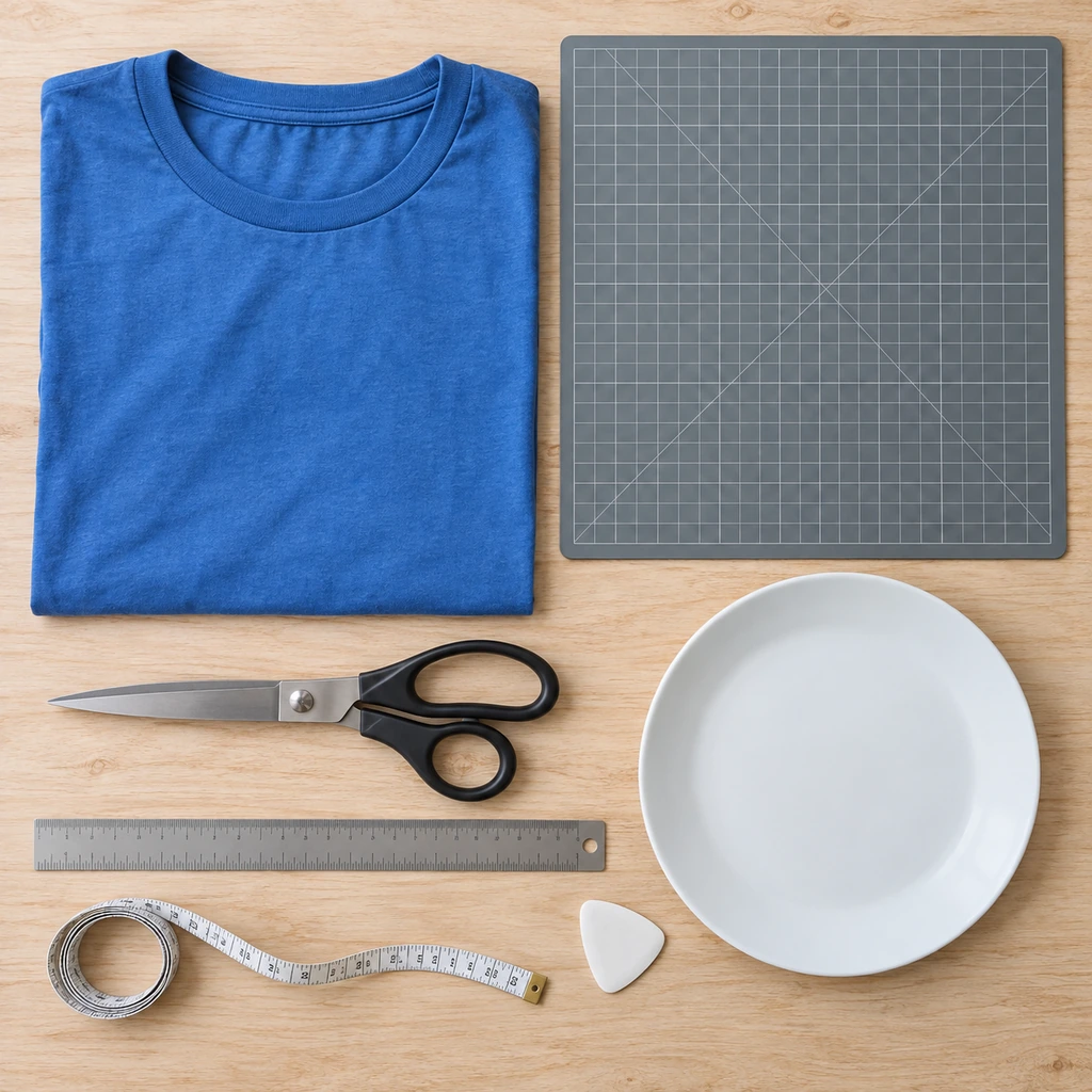 Cotton T-shirt, fabric scissors, ruler, washable chalk, dinner plate, and cutting mat arranged for a no-sew tote project