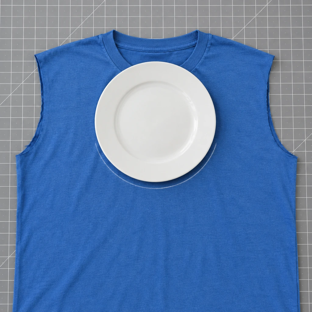 Dinner plate centered below the neckline of a flat blue T-shirt with a chalk semicircle marked for cutting