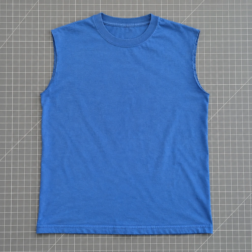 Blue T-shirt lying flat with both sleeves cleanly removed just inside the armhole seams
