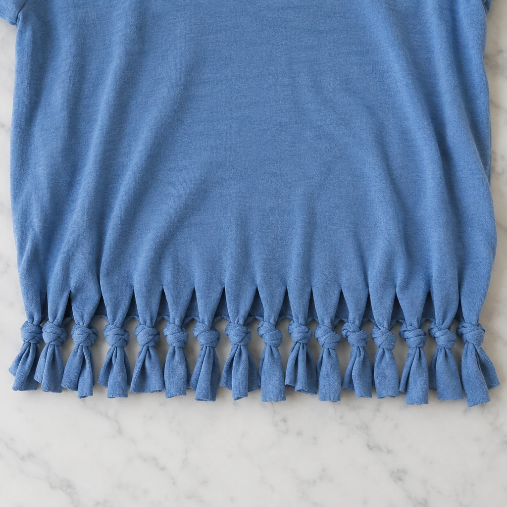 Inside-out blue T-shirt with matching front and back fringe strips tied in neat double knots across the bottom