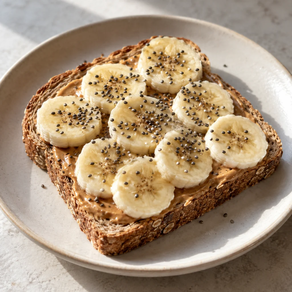 Whole-grain toast with peanut butter, banana, and chia seeds