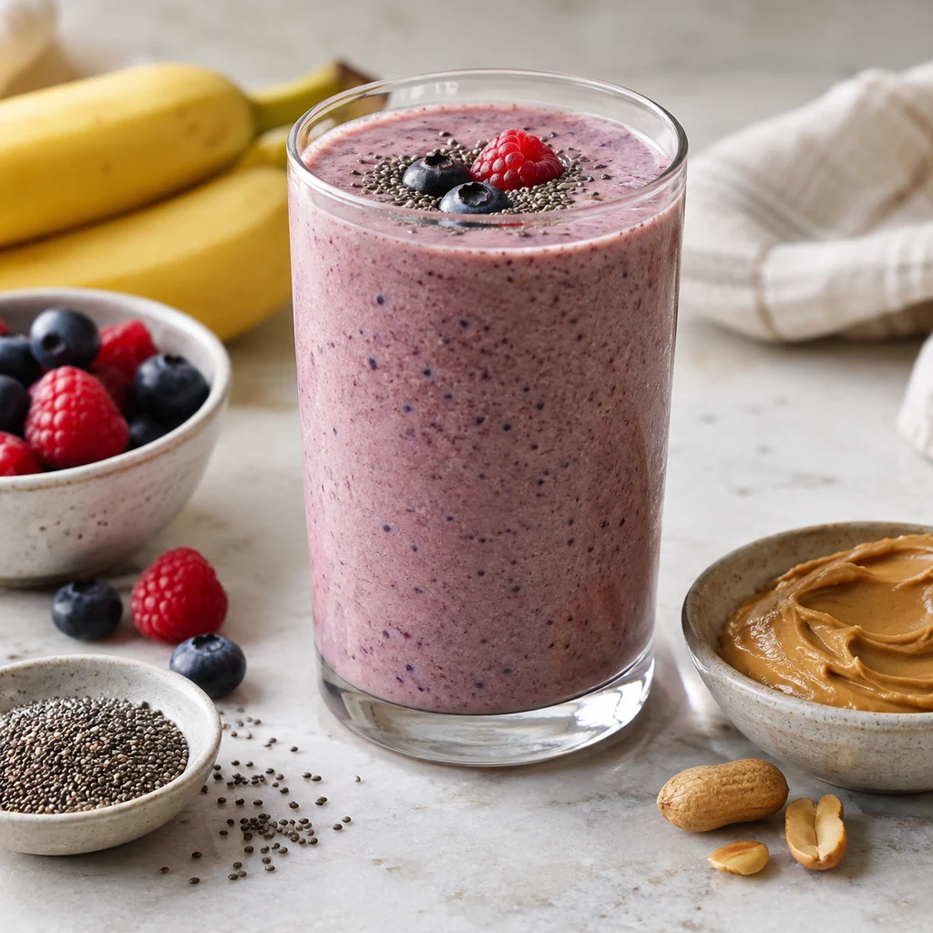Berry banana protein smoothie with nut butter and chia seeds.