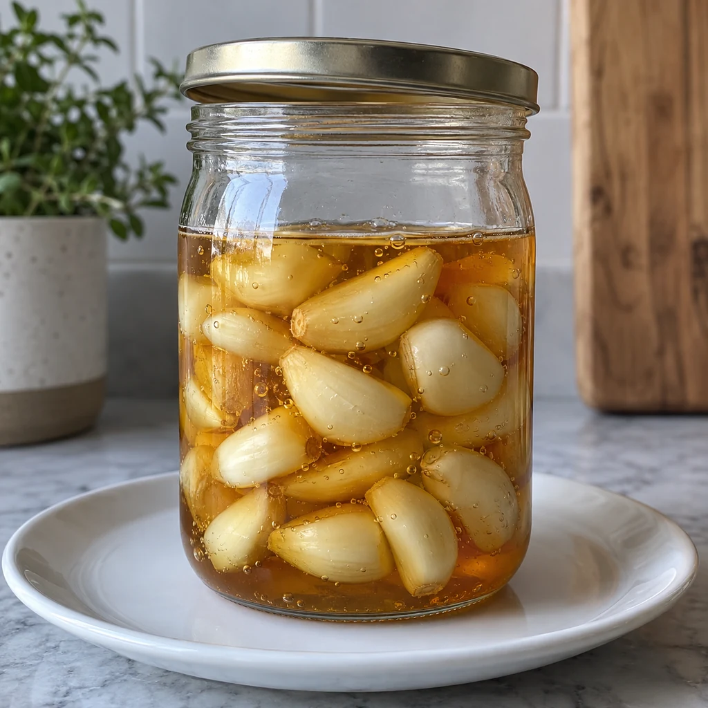 Seven-day garlic honey ferment in a glass jar with small bubbles and thinner amber honey