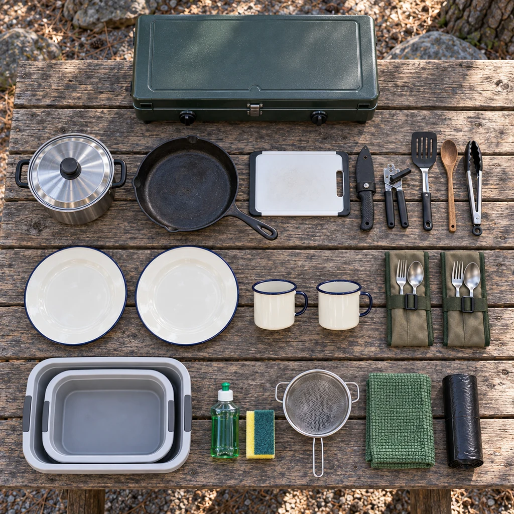 Camping kitchen gear audit with stove cookware tableware and wash supplies