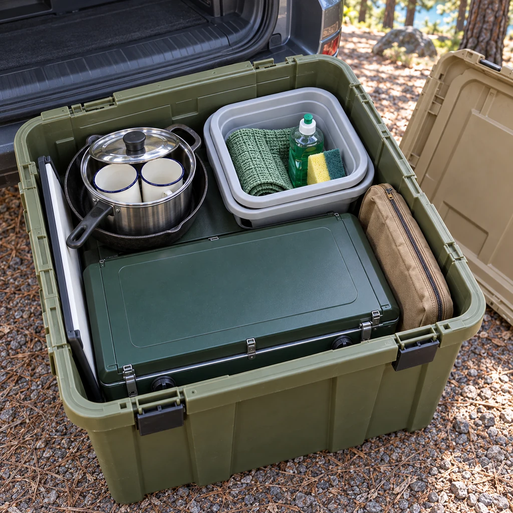 Open camping tote packed with stove nested cookware mugs and wash basins