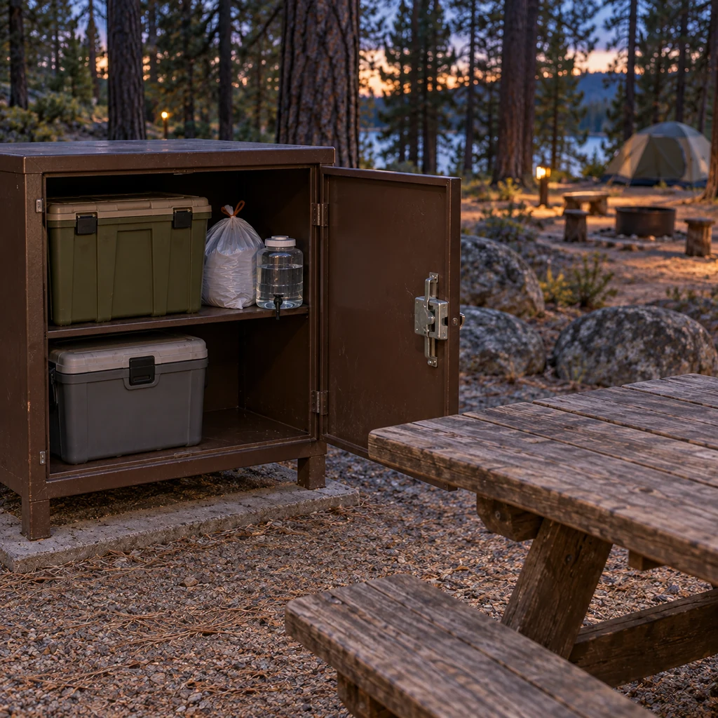 Camping kitchen tote cooler trash and water secured in a campground food locker