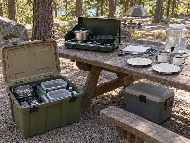 One-bin car camping kitchen arranged at a forest campsite picnic table