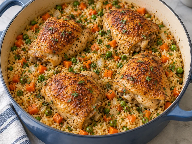 Four golden chicken thighs over rice with carrots and peas in a Dutch oven