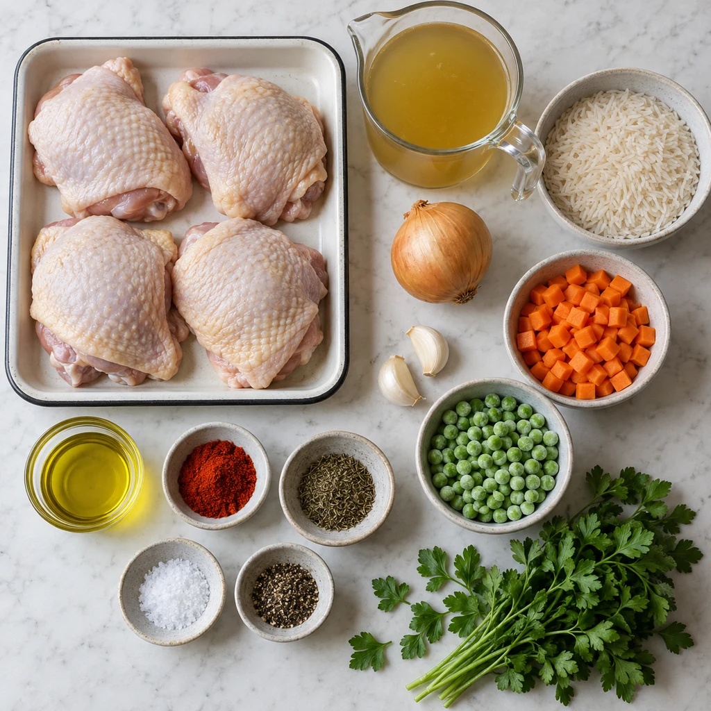 Four raw chicken thighs, rice, broth, onion, garlic, carrots, peas, olive oil, paprika, thyme, salt, pepper, and parsley