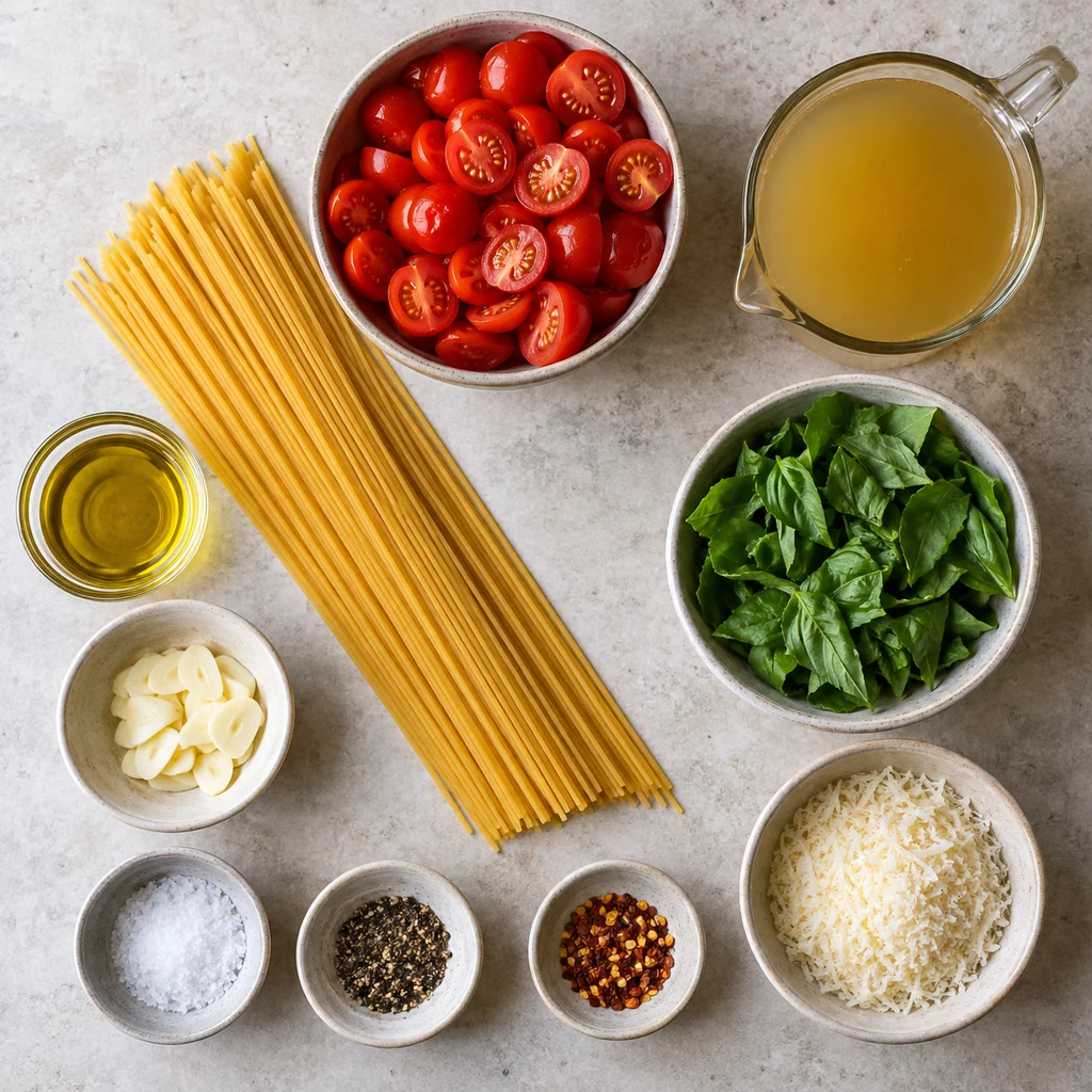 Spaghetti, cherry tomatoes, garlic, olive oil, basil, broth, seasonings, and Parmesan