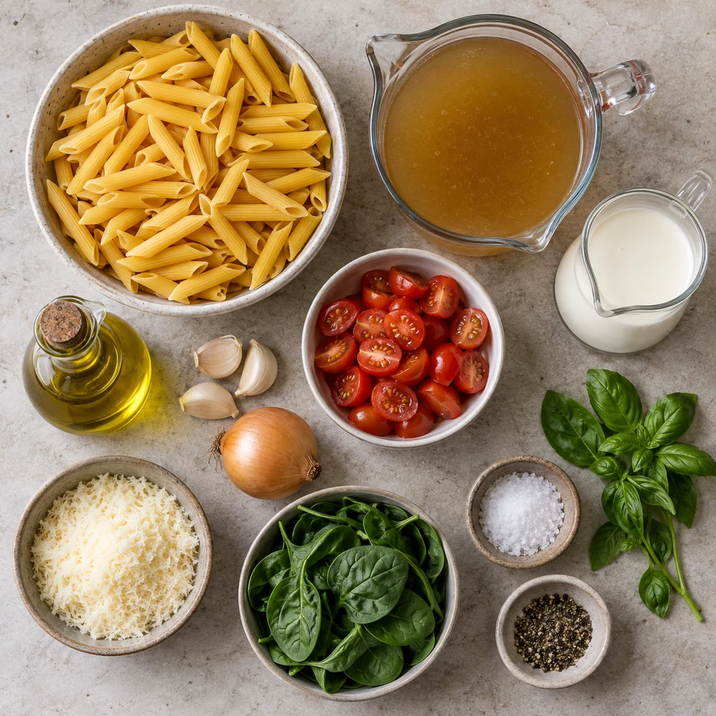 Ingredients for creamy one-pot pasta arranged on a kitchen counter.