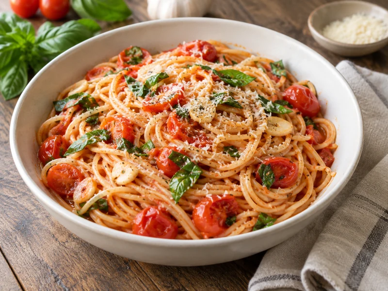 One-pot tomato basil pasta with cherry tomatoes, garlic, basil, and Parmesan