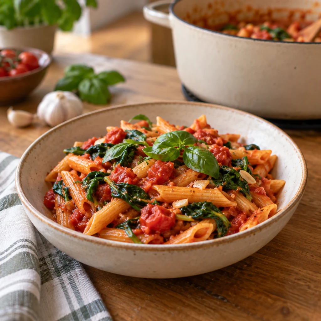 One-pot vegan tomato pasta with spinach, garlic, and fresh basil