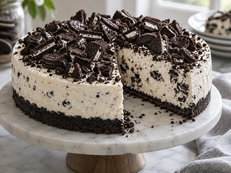 No-bake Oreo cheesecake on a stand with a sliced wedge and chopped cookie topping