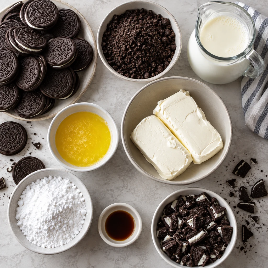 Chocolate sandwich cookies, cookie crumbs, butter, cream cheese, whipping cream, powdered sugar, and vanilla