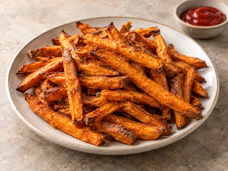 Crisp-edged oven-baked sweet potato fries served on a neutral ceramic plate.