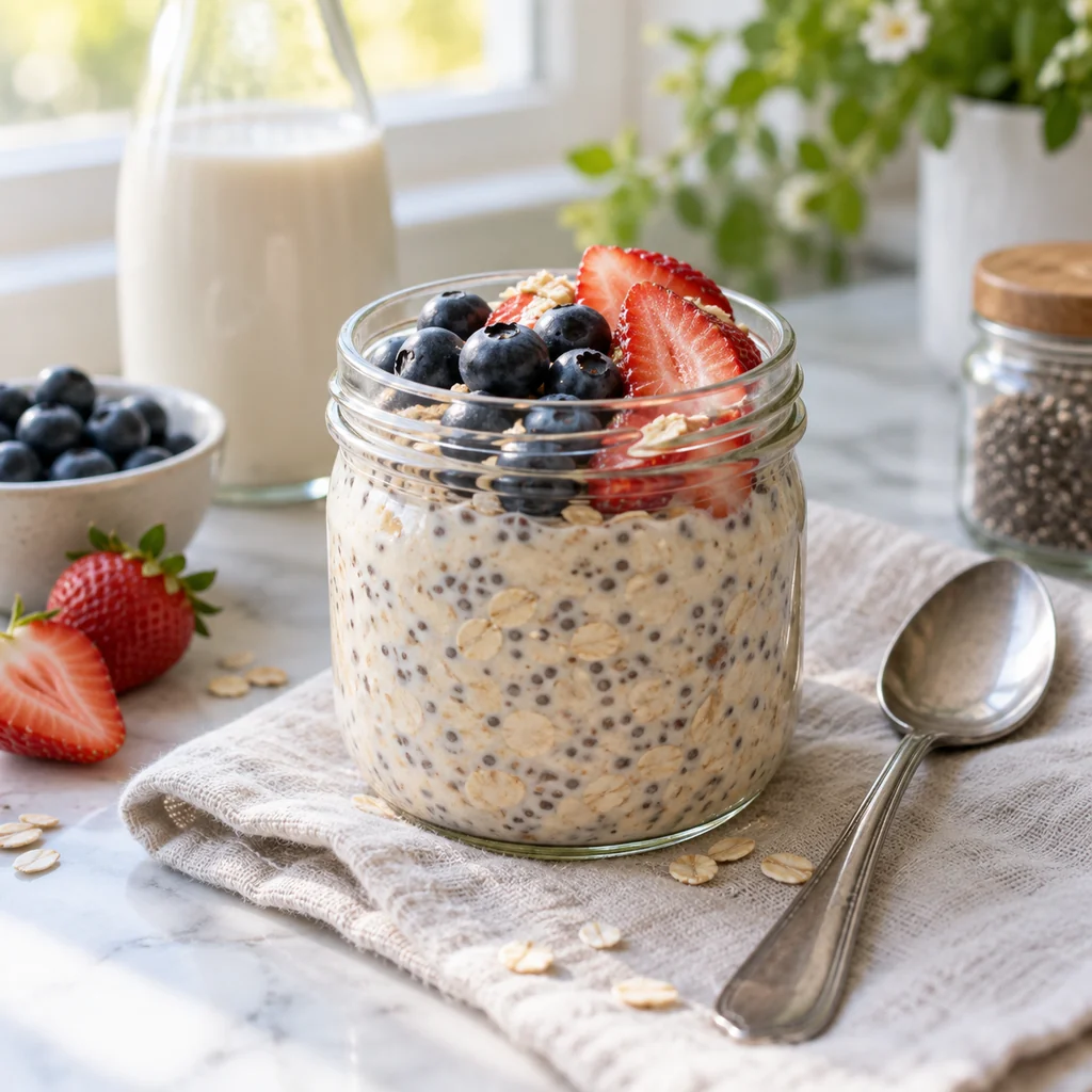 Overnight oats with chia seeds, blueberries, and strawberries in a jar