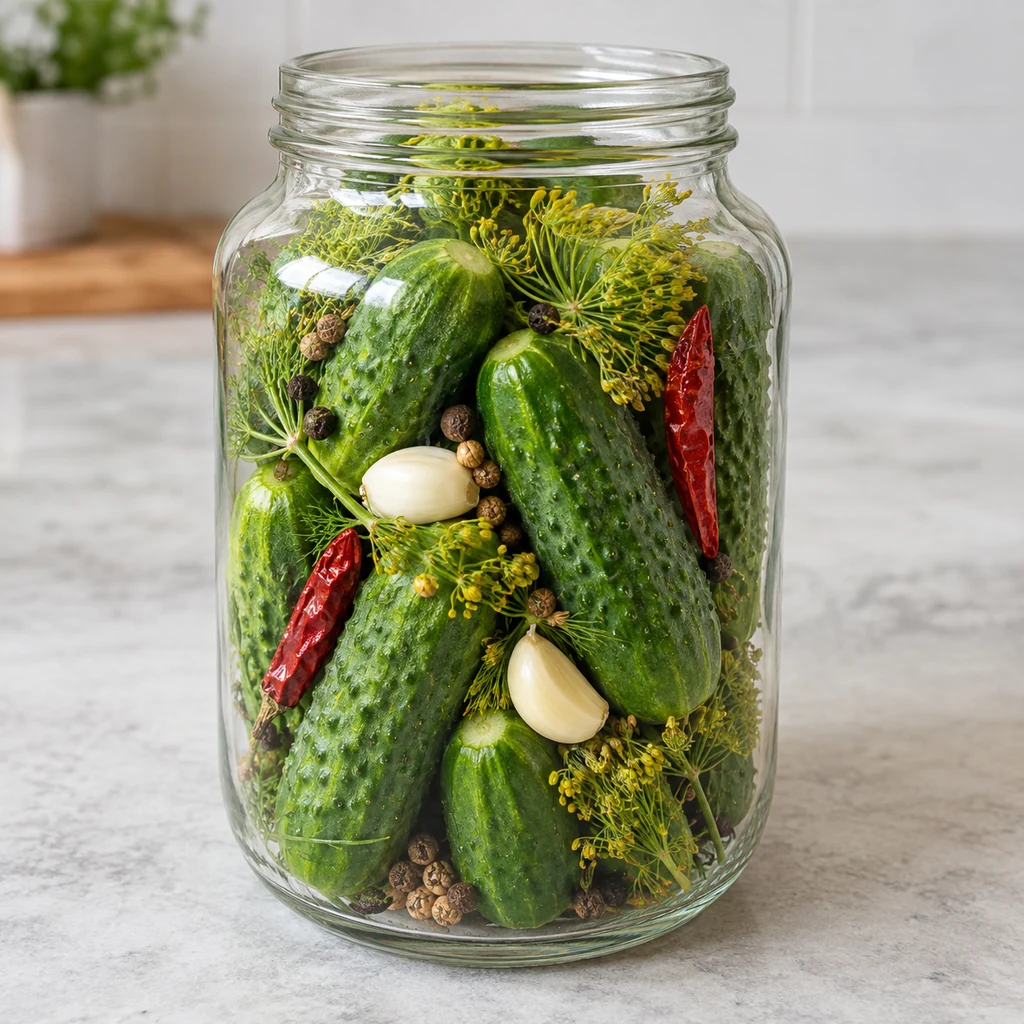 Pickling cucumbers packed upright with dill, garlic, red pepper, and pickling spices