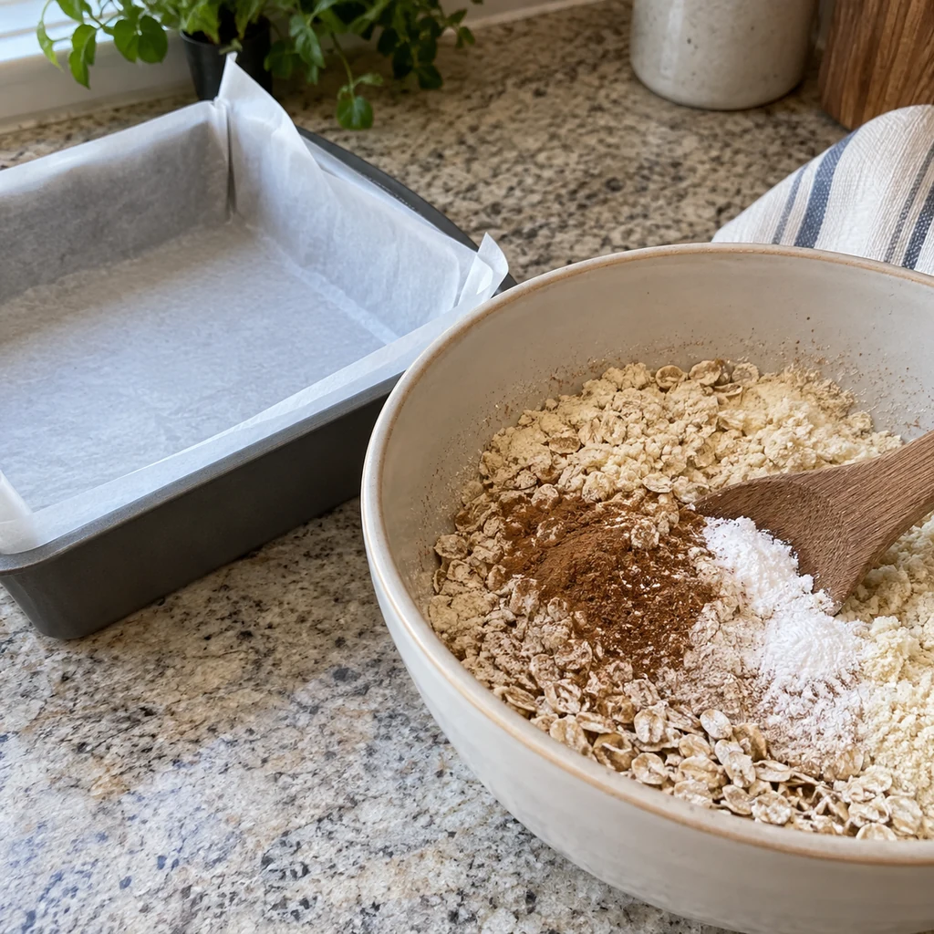 Parchment-lined square pan beside a bowl of rolled oats, almond flour, cinnamon, baking powder, and salt