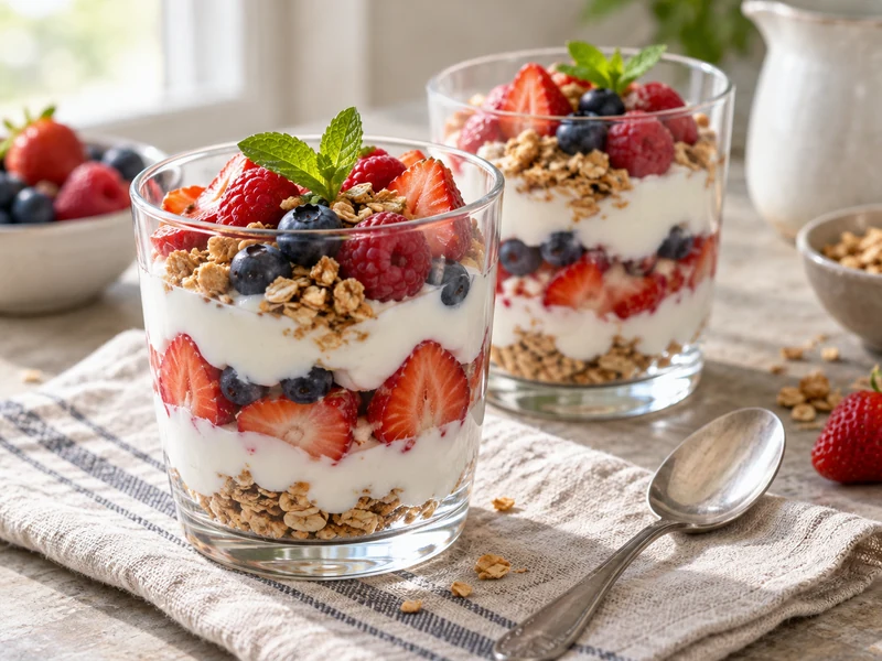 Two Greek yogurt berry parfaits layered with strawberries, blueberries, raspberries, and granola