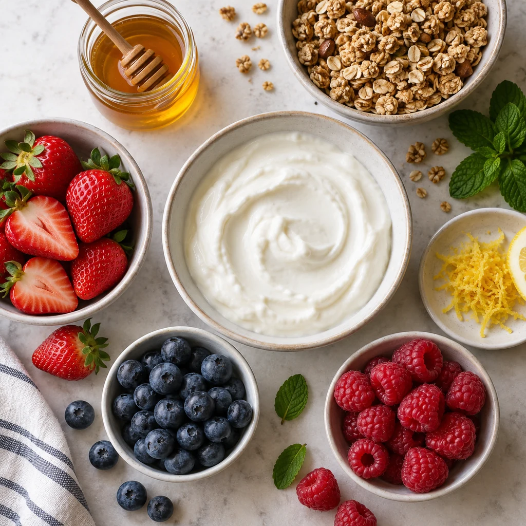 Greek yogurt, honey, strawberries, blueberries, raspberries, granola, mint, and lemon zest