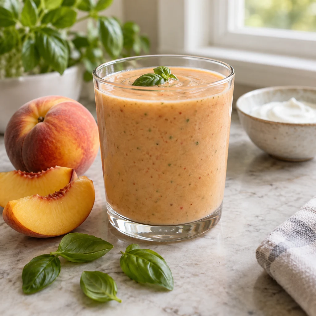 Peach basil smoothie with fresh peaches, basil, and yogurt