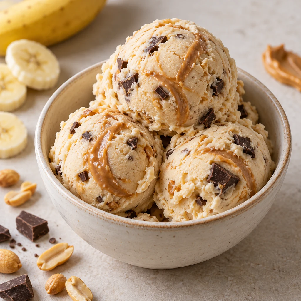 Homemade peanut butter banana frozen dessert with dark chocolate