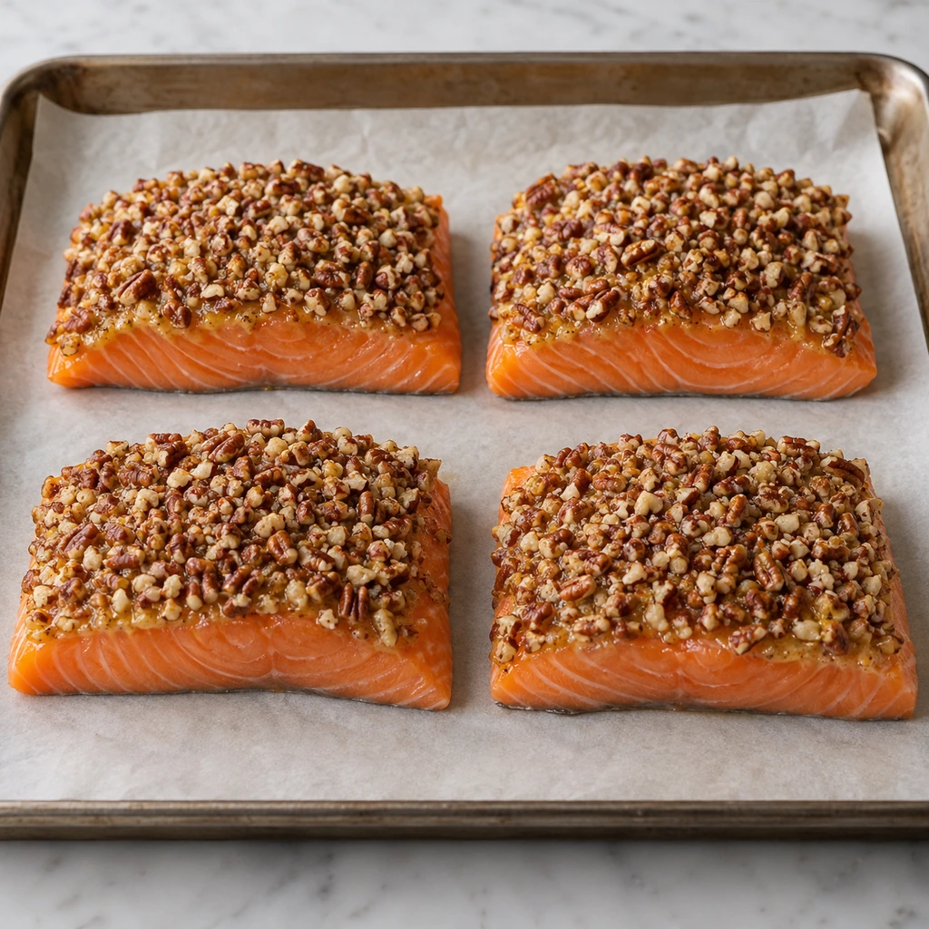 Four salmon fillets evenly covered with mustard glaze and a firmly pressed finely chopped pecan crust on a lined tray