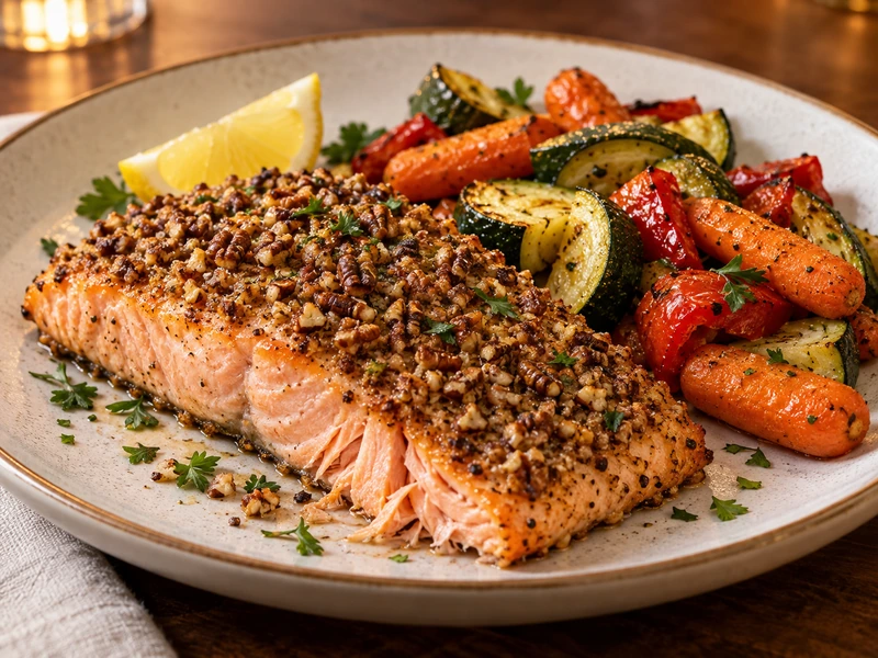 Pecan-crusted salmon served with roasted carrots, zucchini, red bell pepper, lemon, and parsley
