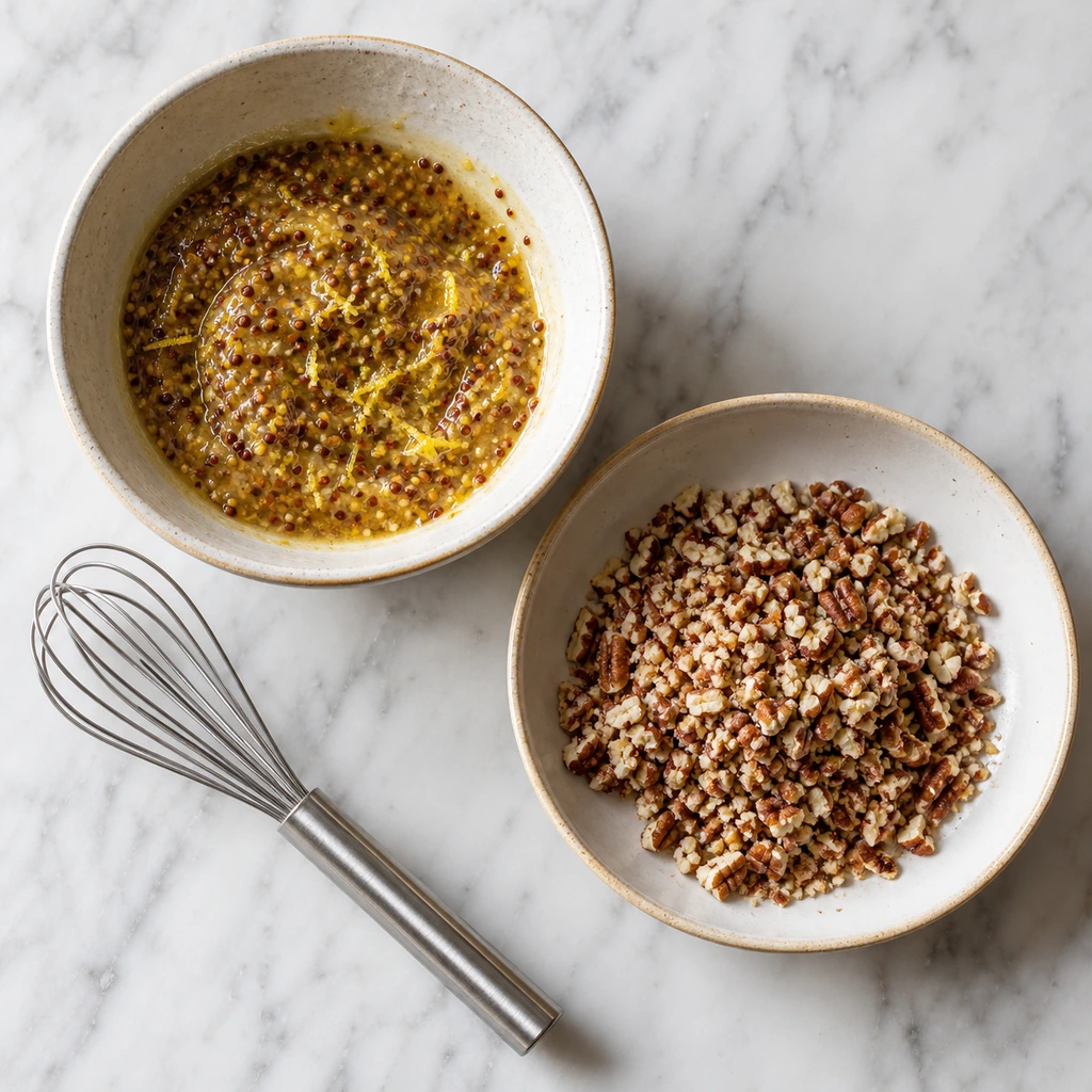 Mustard, Dijon, honey, and lemon zest mixed in one bowl beside a separate bowl of finely chopped pecans