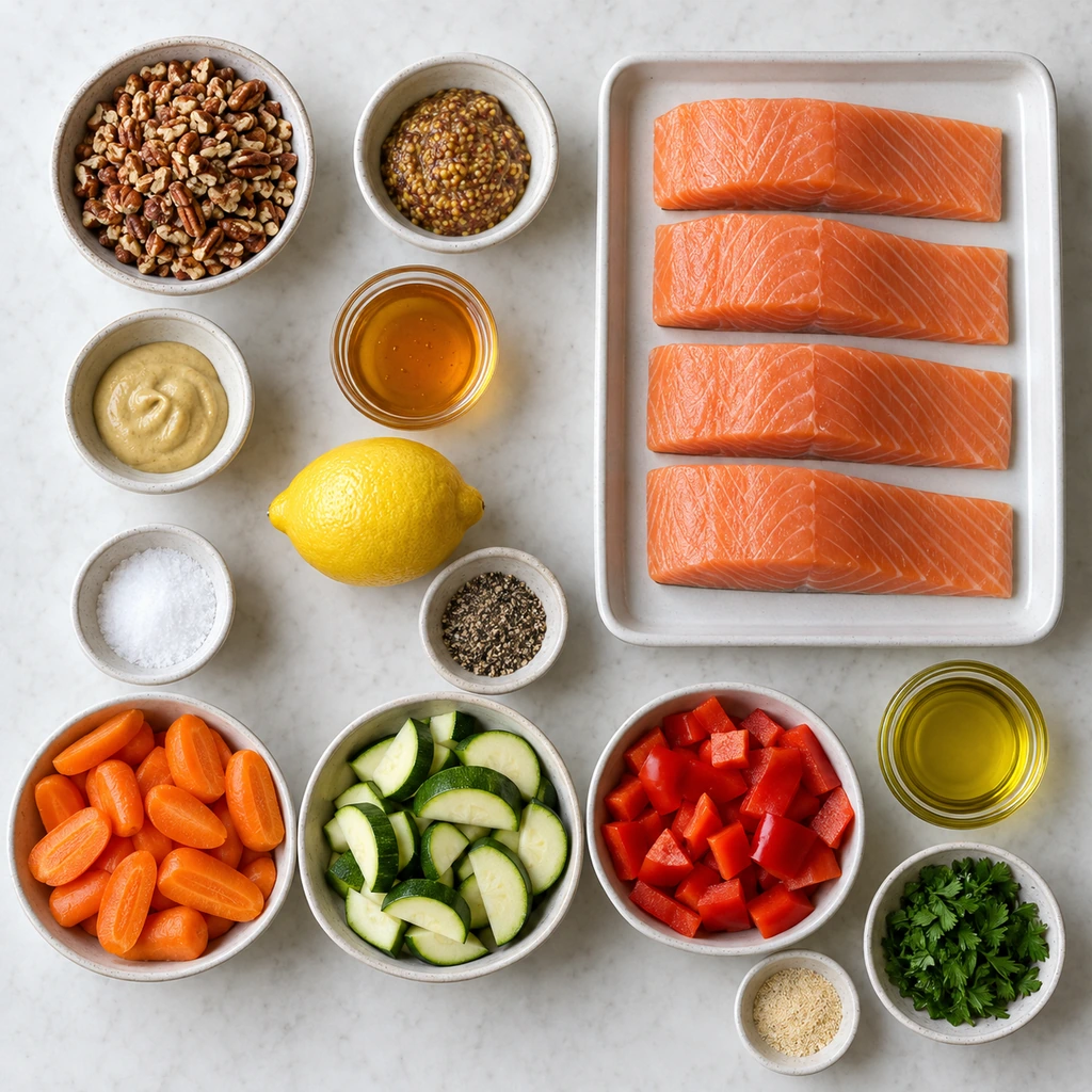 Salmon, pecans, two mustards, honey, lemon, carrots, zucchini, bell pepper, olive oil, garlic powder, salt, pepper, and parsley arranged for the recipe