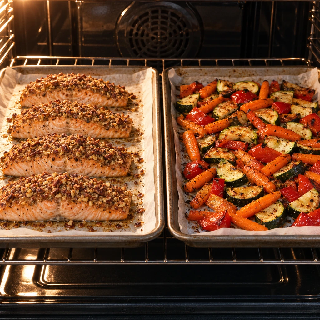 Pecan-crusted salmon roasting on one oven tray beside a separate tray of carrots, zucchini, and red bell pepper
