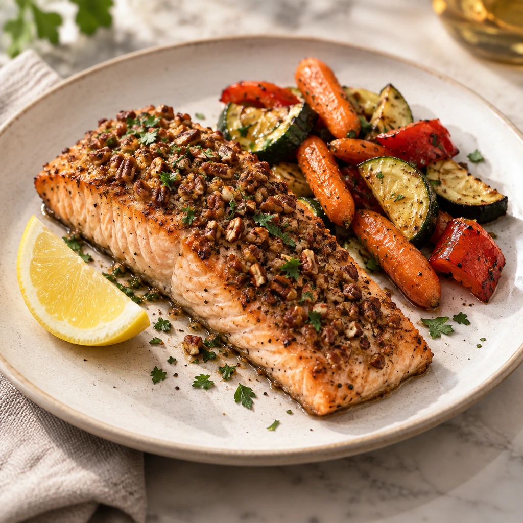 Golden pecan-crusted salmon served with roasted carrots, zucchini, red bell pepper, lemon wedge, and parsley