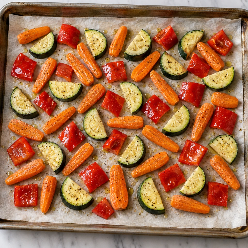 Baby carrots, zucchini half-moons, and red bell pepper pieces evenly seasoned on a parchment-lined sheet pan