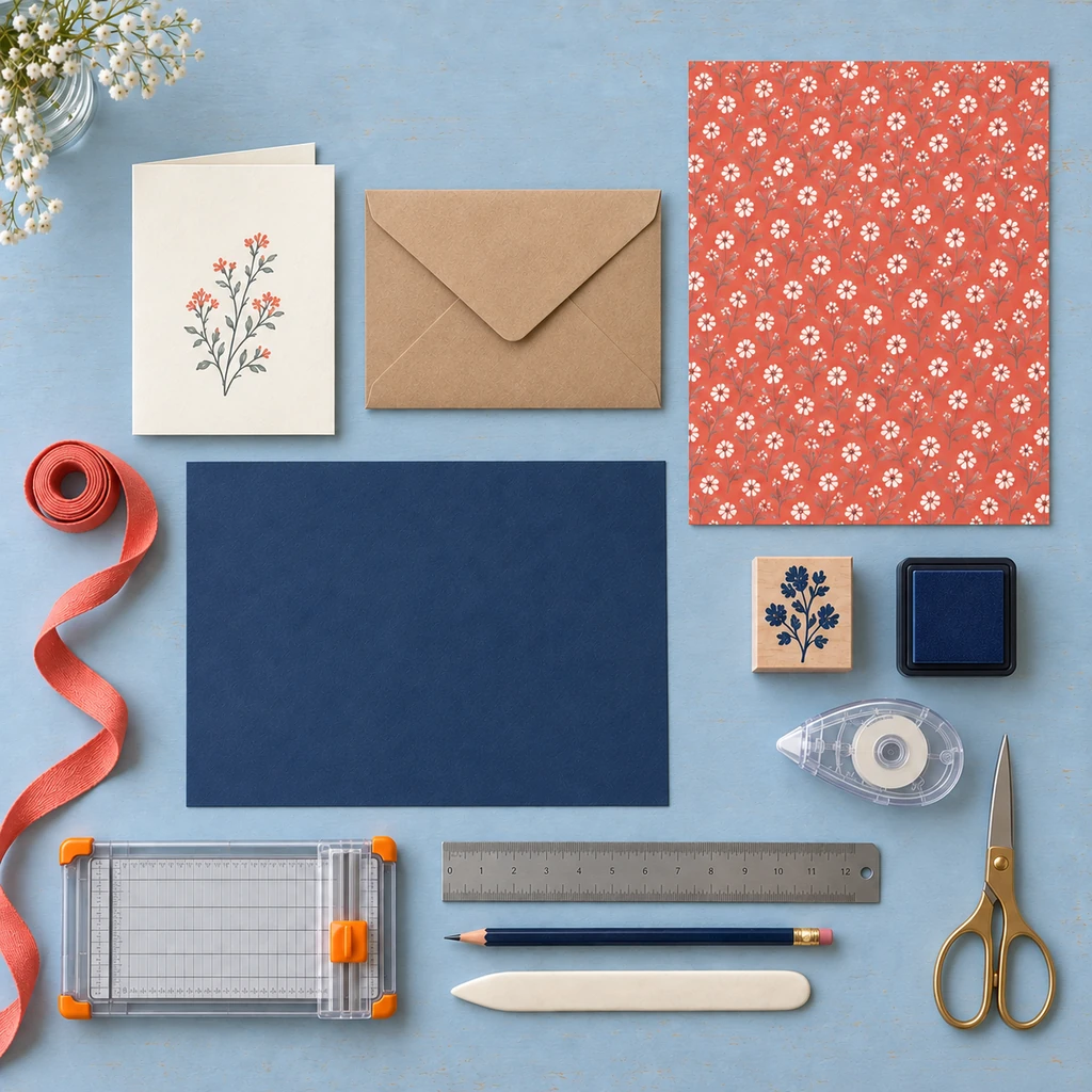 A6 card, matching rectangular envelope, patterned liner paper, navy cover stock, ribbon, and paper-crafting tools